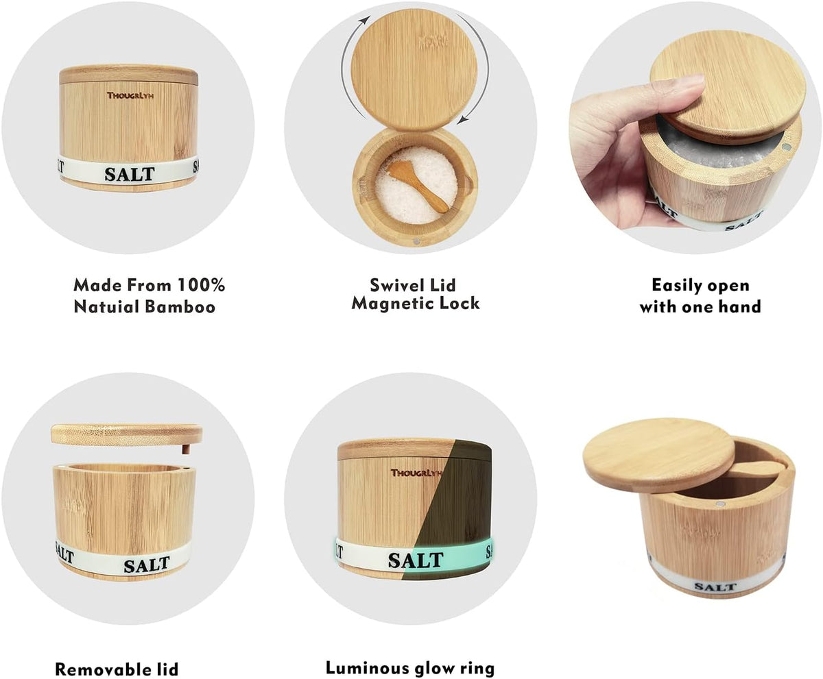 Salt Cellar with Lid, Bamboo Salt Container for Countertop | Salt Box with Built-in Spoon and Divider, Luminous SALT Label Holder, 13oz Kitchen Salt Bowl for Sea Salt Pepper and Spice