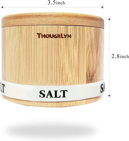 Salt Cellar with Lid, Bamboo Salt Container for Countertop | Salt Box with Built-in Spoon and Divider, Luminous SALT Label Holder, 13oz Kitchen Salt Bowl for Sea Salt Pepper and Spice