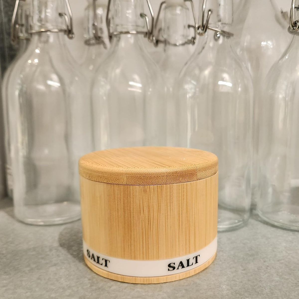 Salt Cellar with Lid, Bamboo Salt Container for Countertop | Salt Box with Built-in Spoon and Divider, Luminous SALT Label Holder, 13oz Kitchen Salt Bowl for Sea Salt Pepper and Spice