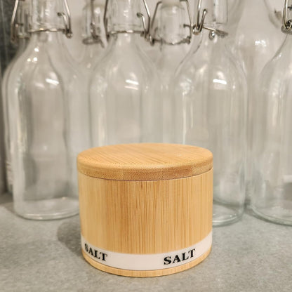 Salt Cellar with Lid, Bamboo Salt Container for Countertop | Salt Box with Built-in Spoon and Divider, Luminous SALT Label Holder, 13oz Kitchen Salt Bowl for Sea Salt Pepper and Spice