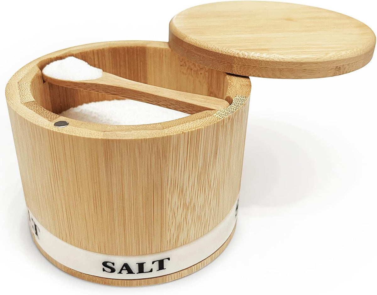 Salt Cellar with Lid, Bamboo Salt Container for Countertop | Salt Box with Built-in Spoon and Divider, Luminous SALT Label Holder, 13oz Kitchen Salt Bowl for Sea Salt Pepper and Spice