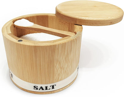 Salt Cellar with Lid, Bamboo Salt Container for Countertop | Salt Box with Built-in Spoon and Divider, Luminous SALT Label Holder, 13oz Kitchen Salt Bowl for Sea Salt Pepper and Spice