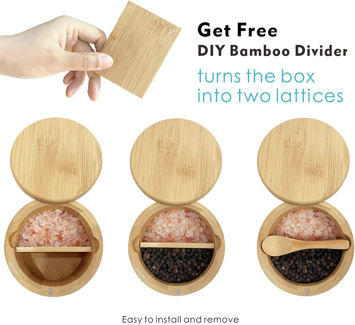 Salt Cellar with Lid, Bamboo Salt Container for Countertop | Salt Box with Built-in Spoon and Divider, Luminous SALT Label Holder, 13oz Kitchen Salt Bowl for Sea Salt Pepper and Spice
