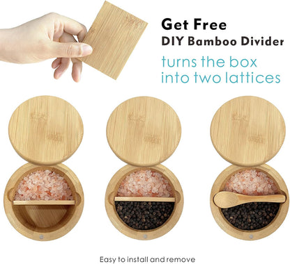 Salt Cellar with Lid, Bamboo Salt Container for Countertop | Salt Box with Built-in Spoon and Divider, Luminous SALT Label Holder, 13oz Kitchen Salt Bowl for Sea Salt Pepper and Spice