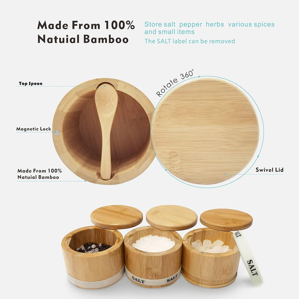 Salt Cellar with Lid, Bamboo Salt Container for Countertop | Salt Box with Built-in Spoon and Divider, Luminous SALT Label Holder, 13oz Kitchen Salt Bowl for Sea Salt Pepper and Spice