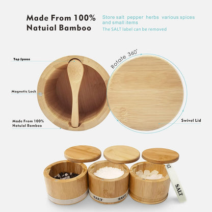 Salt Cellar with Lid, Bamboo Salt Container for Countertop | Salt Box with Built-in Spoon and Divider, Luminous SALT Label Holder, 13oz Kitchen Salt Bowl for Sea Salt Pepper and Spice