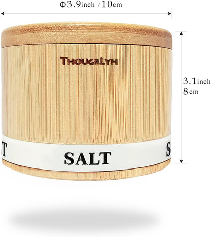 Salt Cellar with Lid, Bamboo Salt Container for Countertop | Salt Box with Built-in Spoon and Divider, Luminous SALT Label Holder, 13oz Kitchen Salt Bowl for Sea Salt Pepper and Spice