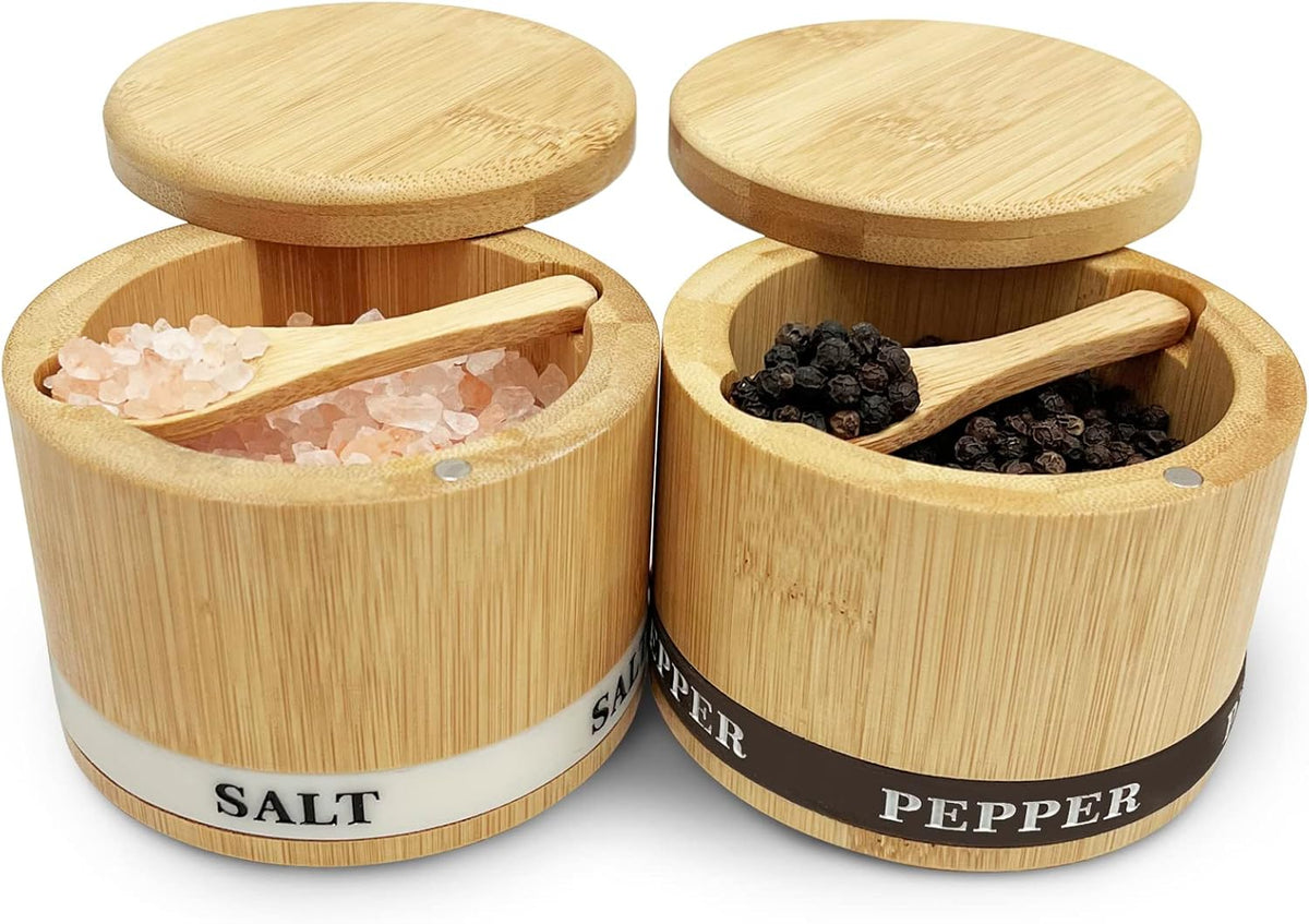 Salt Cellar with Lid, Bamboo Salt Container for Countertop | Salt Box with Built-in Spoon and Divider, Luminous SALT Label Holder, 13oz Kitchen Salt Bowl for Sea Salt Pepper and Spice
