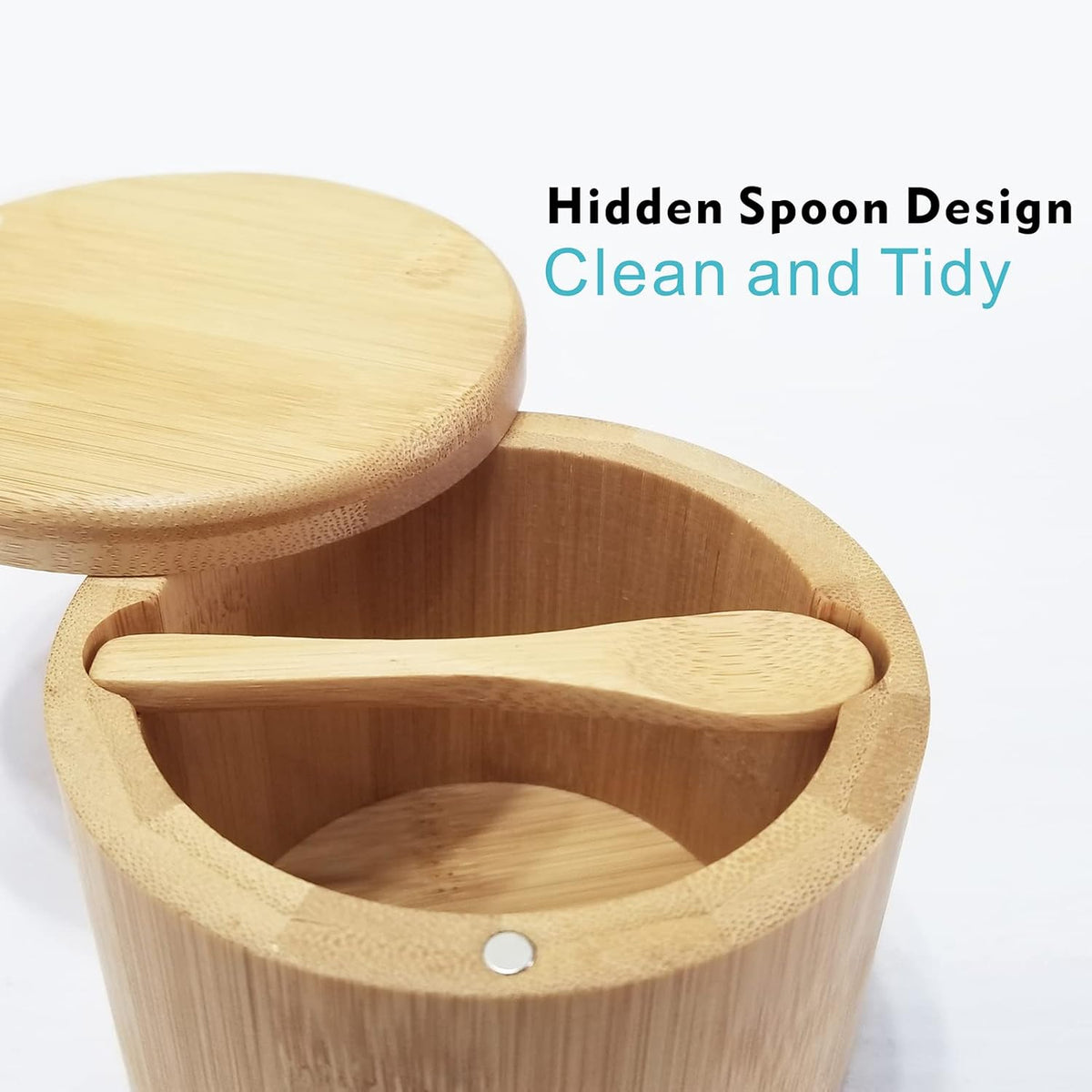 Salt Cellar with Lid, Bamboo Salt Container for Countertop | Salt Box with Built-in Spoon and Divider, Luminous SALT Label Holder, 13oz Kitchen Salt Bowl for Sea Salt Pepper and Spice