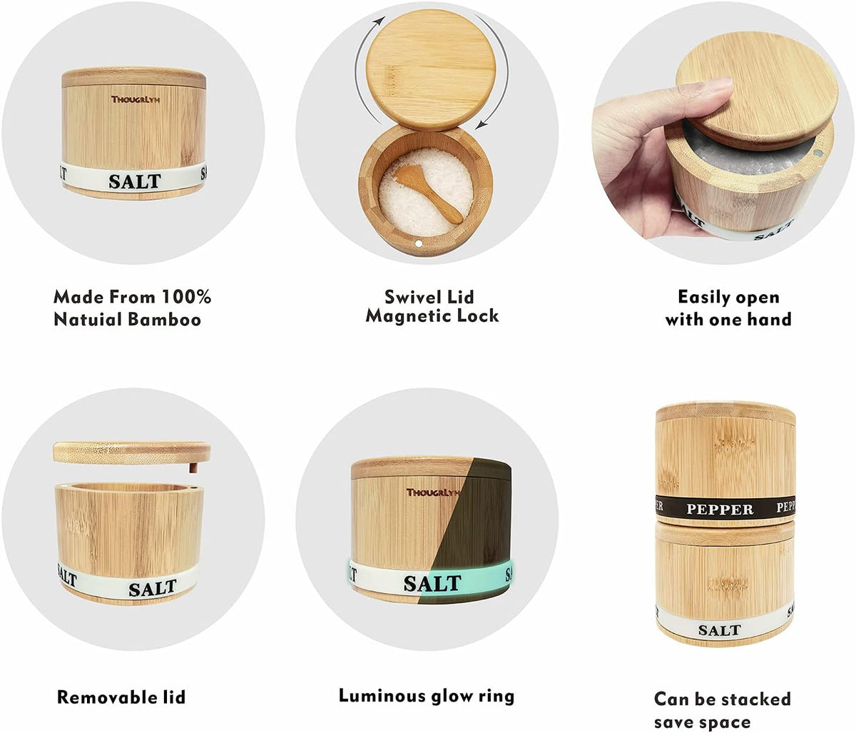 Salt Cellar with Lid, Bamboo Salt Container for Countertop | Salt Box with Built-in Spoon and Divider, Luminous SALT Label Holder, 13oz Kitchen Salt Bowl for Sea Salt Pepper and Spice