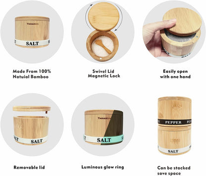 Salt Cellar with Lid, Bamboo Salt Container for Countertop | Salt Box with Built-in Spoon and Divider, Luminous SALT Label Holder, 13oz Kitchen Salt Bowl for Sea Salt Pepper and Spice