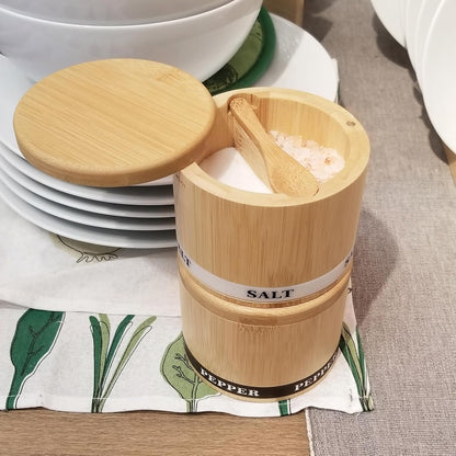 Salt Cellar with Lid, Bamboo Salt Container for Countertop | Salt Box with Built-in Spoon and Divider, Luminous SALT Label Holder, 13oz Kitchen Salt Bowl for Sea Salt Pepper and Spice
