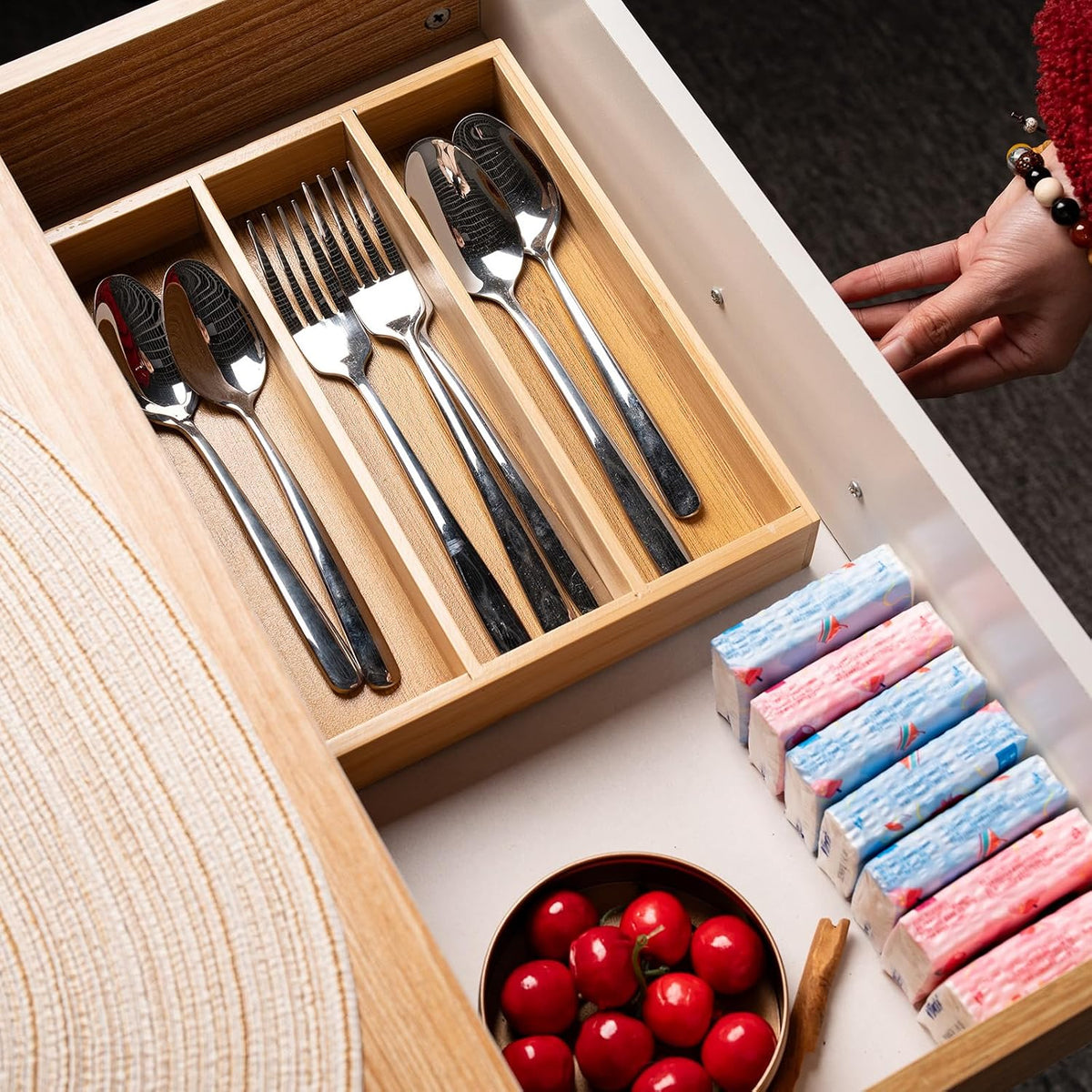 Bamboo Silverware Organizer with 3 Slots for Kitchen(Natural)