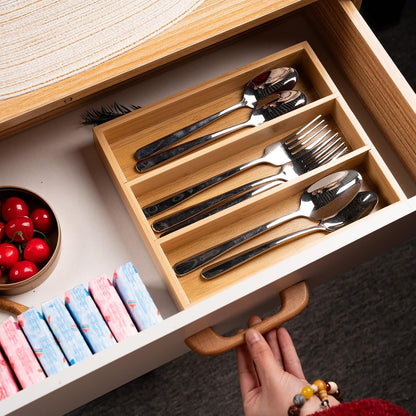 Bamboo Silverware Organizer with 3 Slots for Kitchen(Natural)