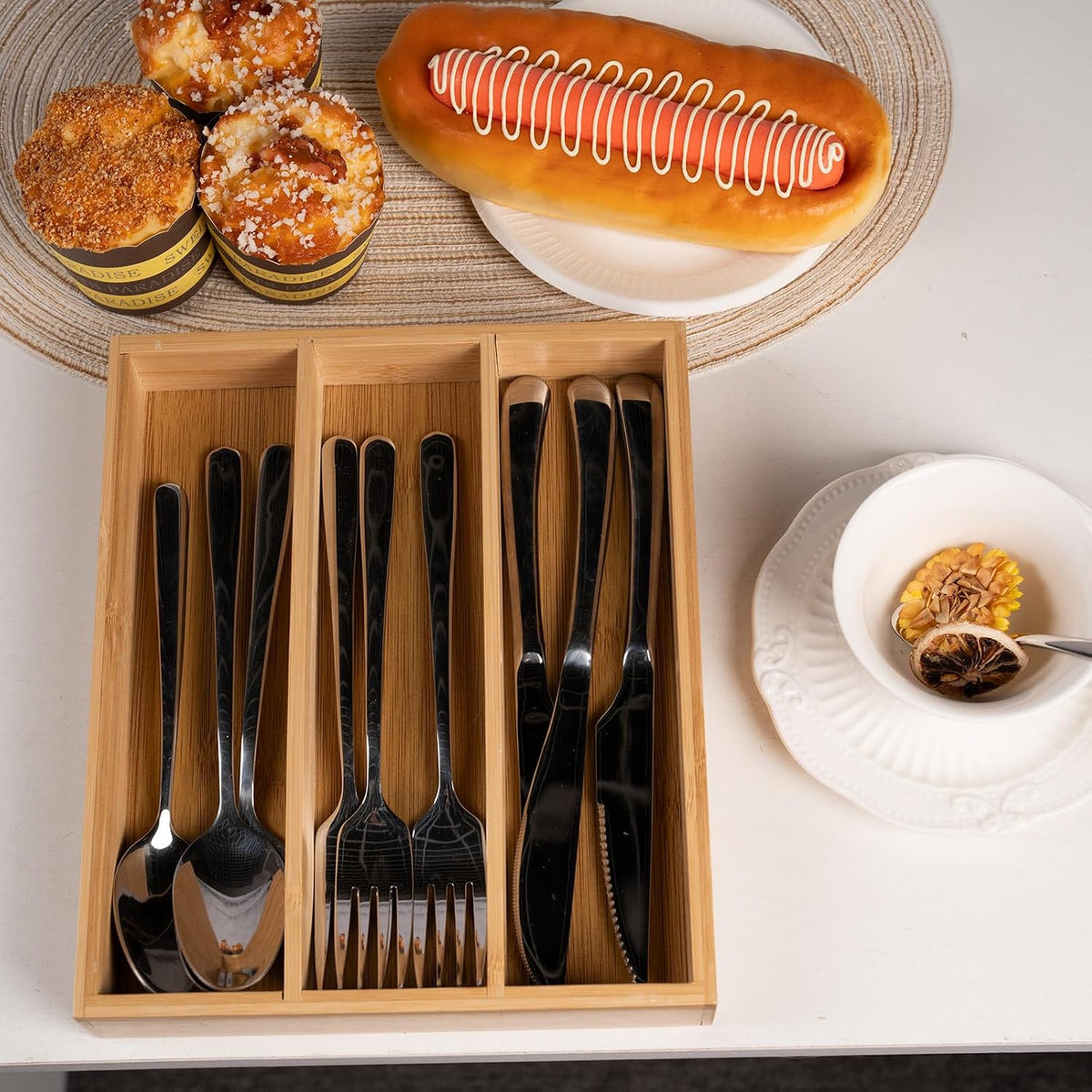 Bamboo Silverware Organizer with 3 Slots for Kitchen(Natural)