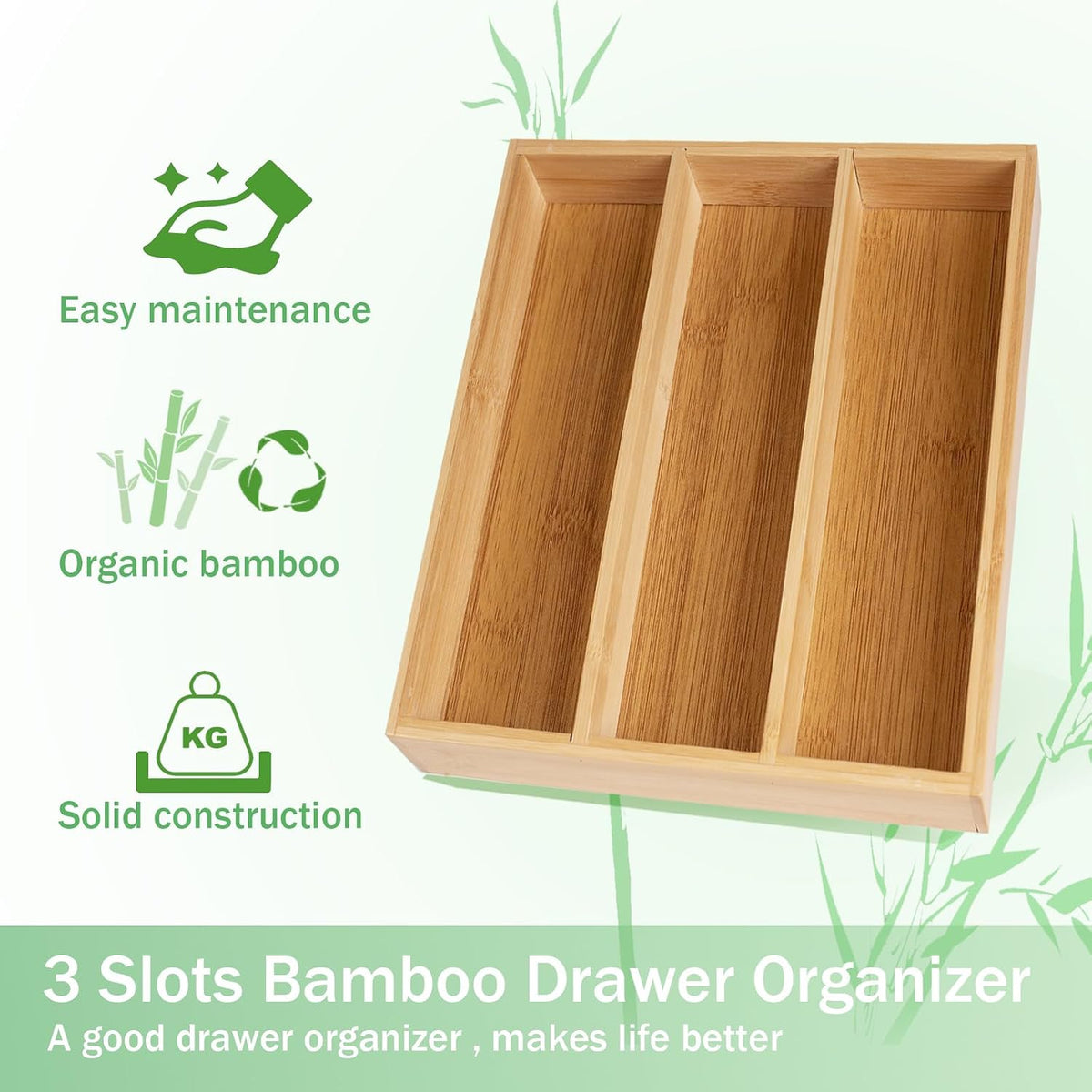 Bamboo Silverware Organizer with 3 Slots for Kitchen(Natural)
