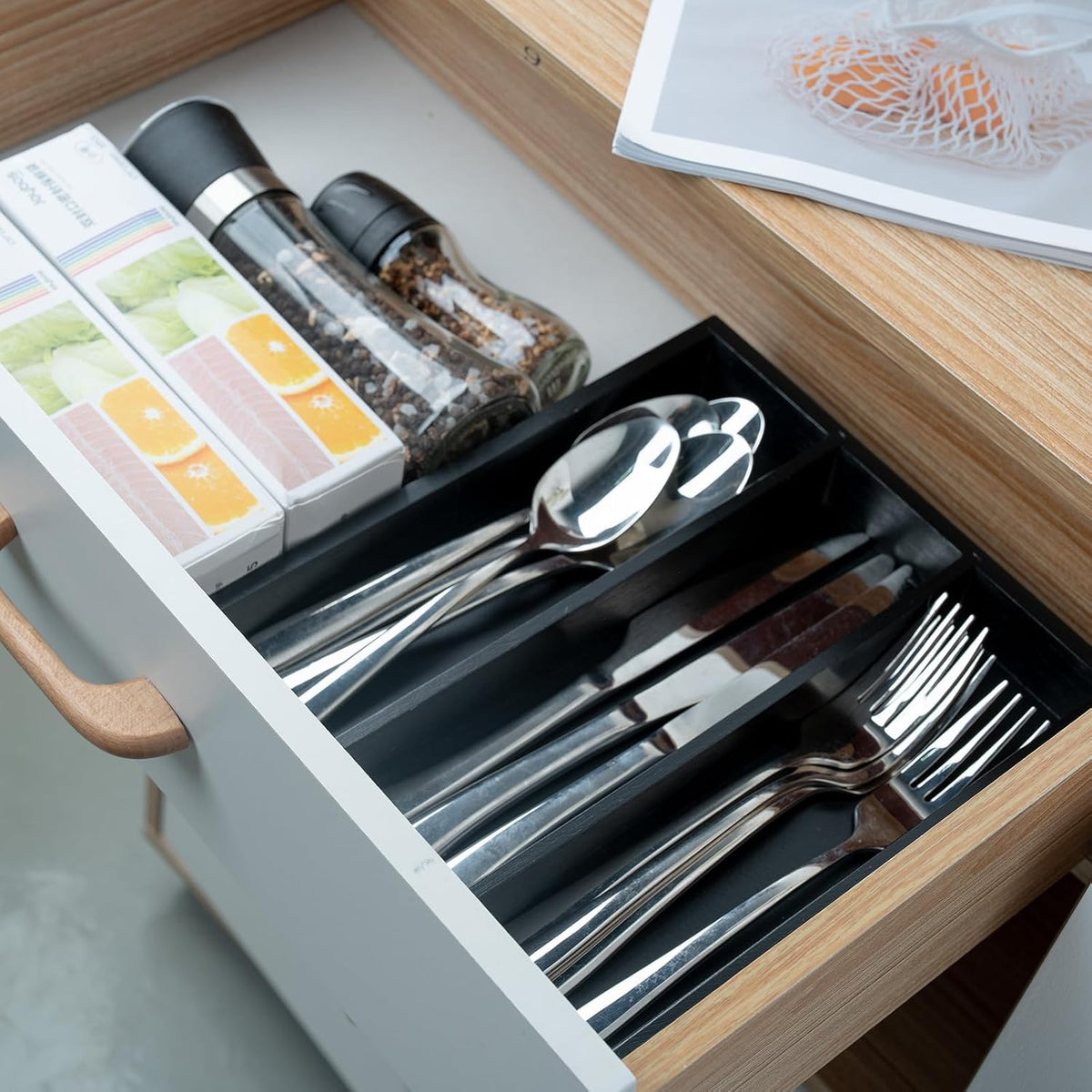 Bamboo Silverware Organizer with 3 Slots for Kitchen(Natural)