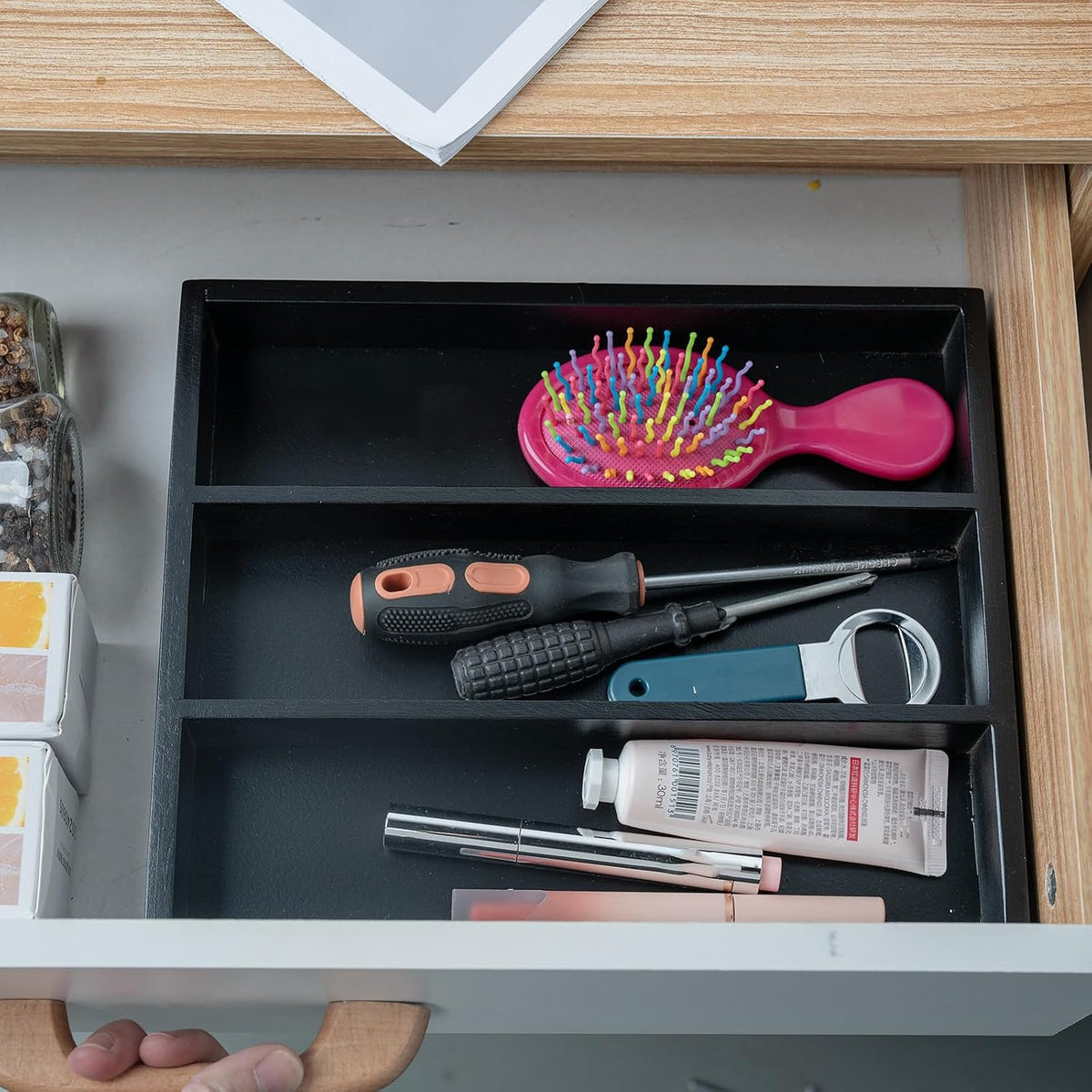 Bamboo Silverware Organizer with 3 Slots for Kitchen(Natural)