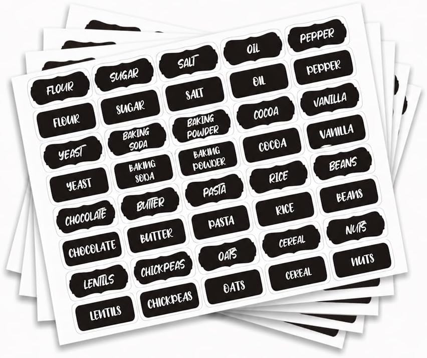 200 Pcs Kitchen Pantry Label Stickers, Black Preprinted Food Storage Jar Labels Self-Adhesive PVC Waterproof Spice and Pantry Organization Stickers for Containers, 0.75 x 1.58 Inch