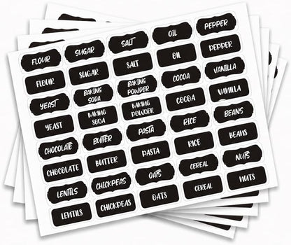 200 Pcs Kitchen Pantry Label Stickers, Black Preprinted Food Storage Jar Labels Self-Adhesive PVC Waterproof Spice and Pantry Organization Stickers for Containers, 0.75 x 1.58 Inch