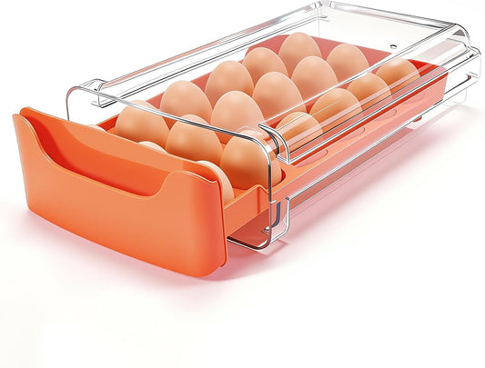 Egg-Holder for Fridge, Fits Small to Large Eggs, White | 18 Egg-Storage for Refrigerator Countertop, 1 Tier Dispenser with Drawer, Stackable Clear Egg Tray Container