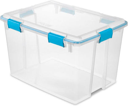 80 Qt Gasket Box, Stackable Storage Bin with Latching Lid and Tight Seal, Plastic Container to Organize Basement, Clear Base and Lid