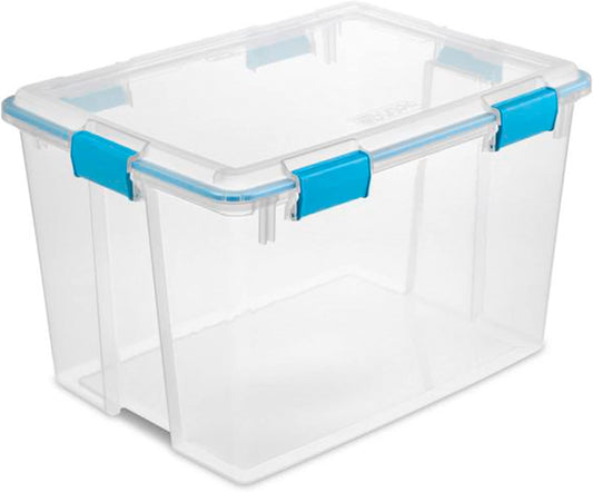 80 Qt Gasket Box, Stackable Storage Bin with Latching Lid and Tight Seal, Plastic Container to Organize Basement, Clear Base and Lid