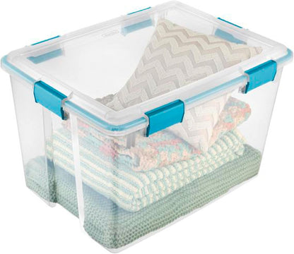 80 Qt Gasket Box, Stackable Storage Bin with Latching Lid and Tight Seal, Plastic Container to Organize Basement, Clear Base and Lid