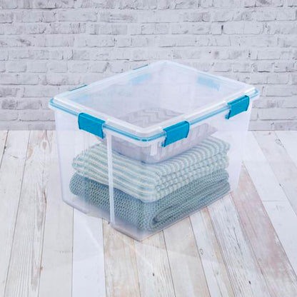 80 Qt Gasket Box, Stackable Storage Bin with Latching Lid and Tight Seal, Plastic Container to Organize Basement, Clear Base and Lid