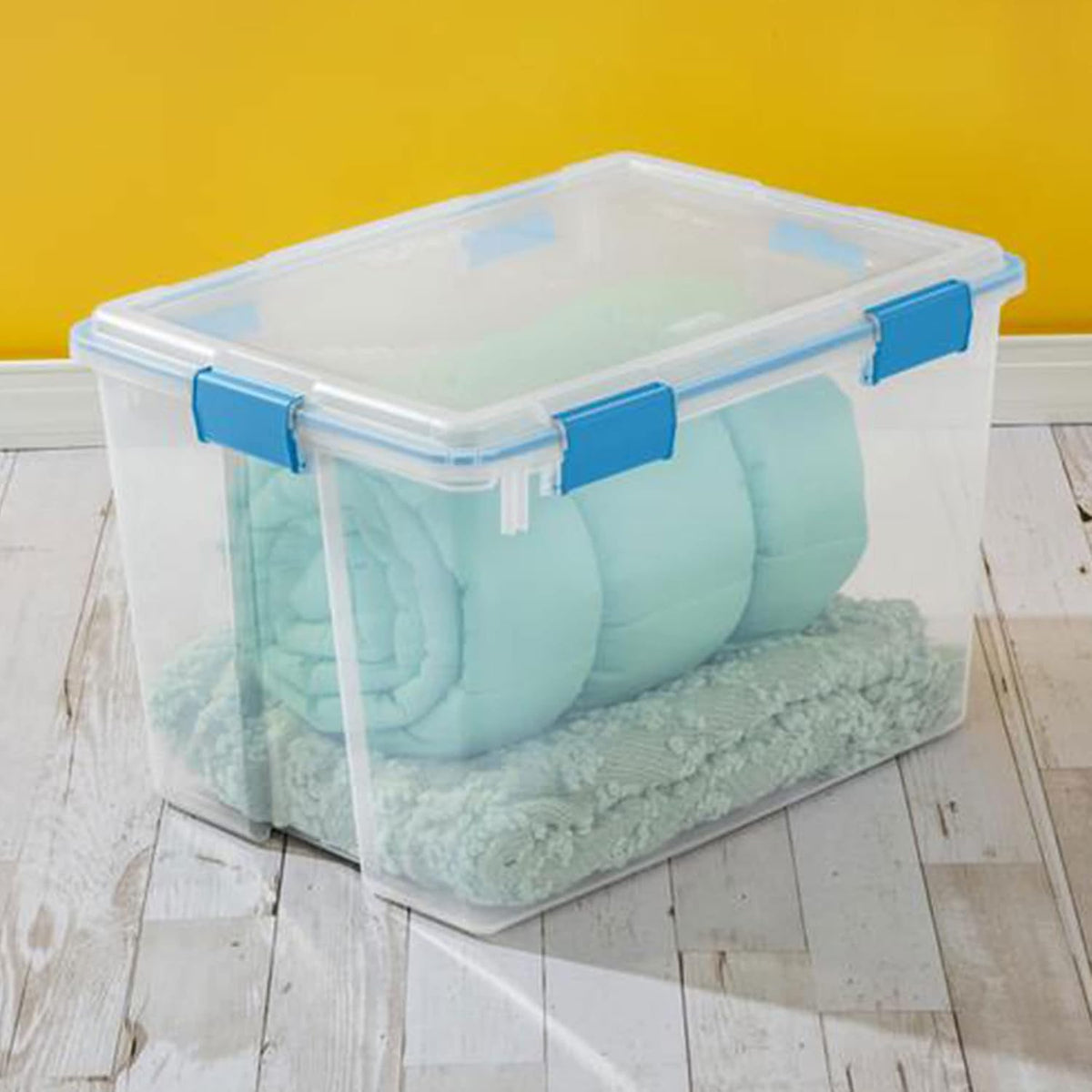 80 Qt Gasket Box, Stackable Storage Bin with Latching Lid and Tight Seal, Plastic Container to Organize Basement, Clear Base and Lid