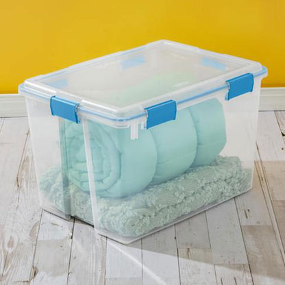 80 Qt Gasket Box, Stackable Storage Bin with Latching Lid and Tight Seal, Plastic Container to Organize Basement, Clear Base and Lid