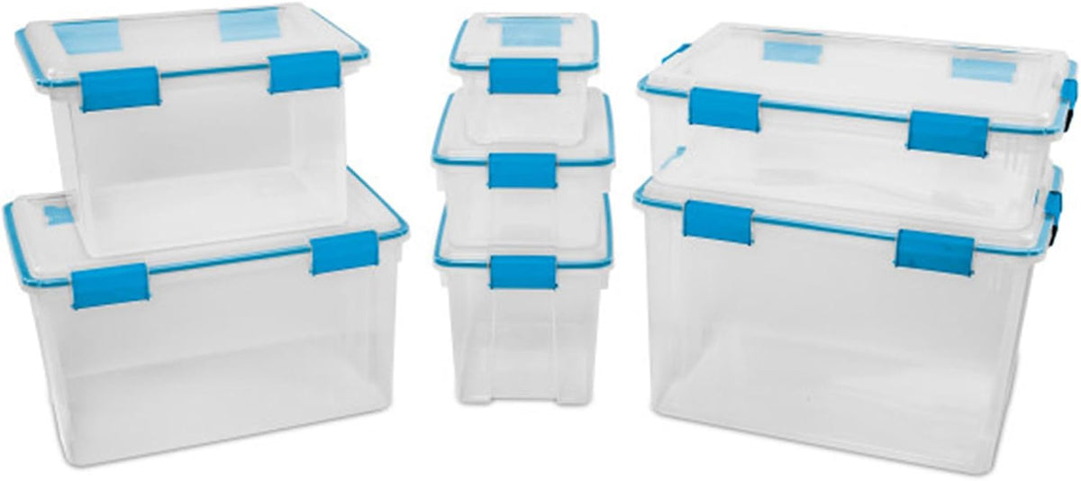 80 Qt Gasket Box, Stackable Storage Bin with Latching Lid and Tight Seal, Plastic Container to Organize Basement, Clear Base and Lid