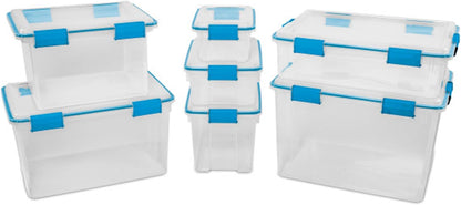 80 Qt Gasket Box, Stackable Storage Bin with Latching Lid and Tight Seal, Plastic Container to Organize Basement, Clear Base and Lid