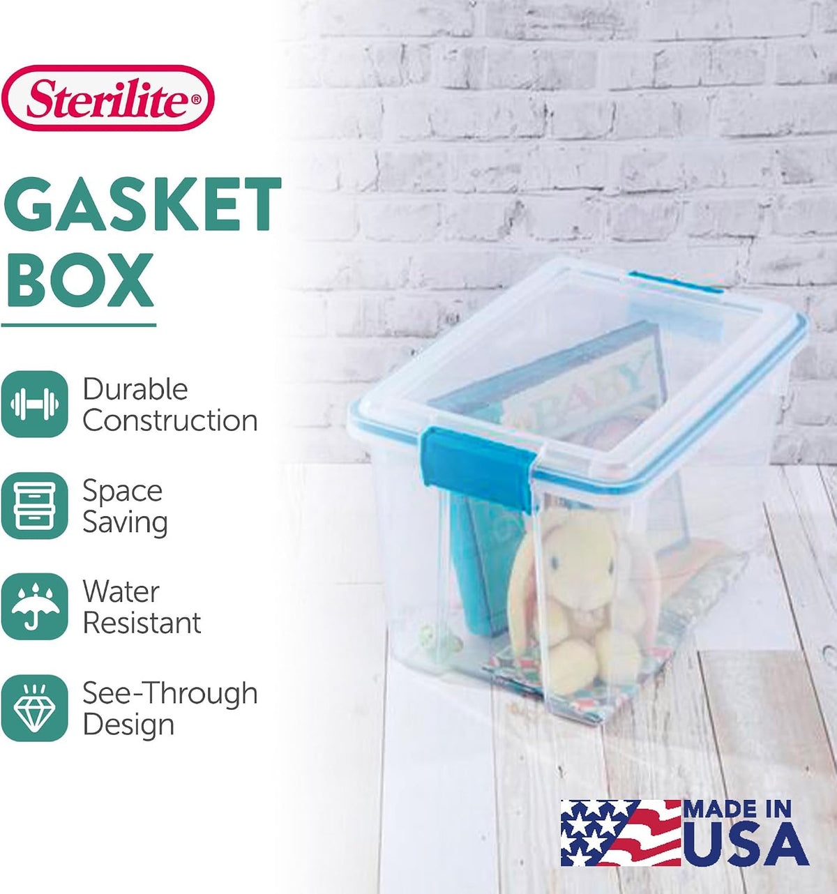 80 Qt Gasket Box, Stackable Storage Bin with Latching Lid and Tight Seal, Plastic Container to Organize Basement, Clear Base and Lid