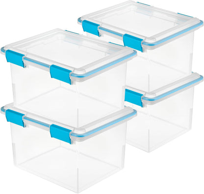 80 Qt Gasket Box, Stackable Storage Bin with Latching Lid and Tight Seal, Plastic Container to Organize Basement, Clear Base and Lid