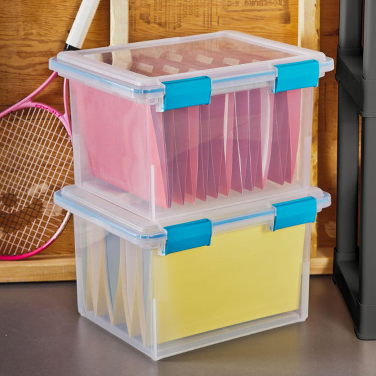 80 Qt Gasket Box, Stackable Storage Bin with Latching Lid and Tight Seal, Plastic Container to Organize Basement, Clear Base and Lid