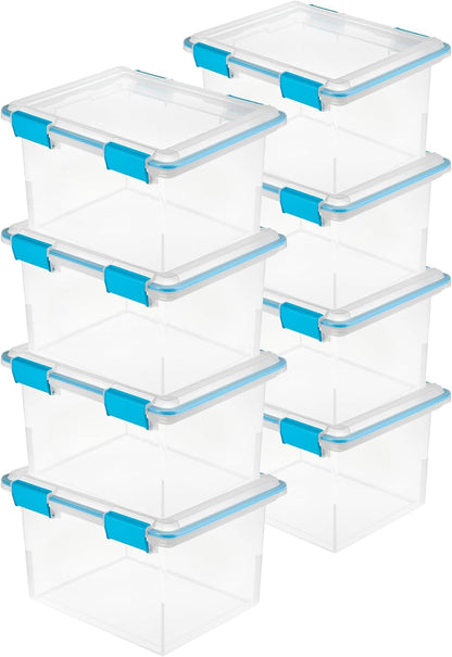 80 Qt Gasket Box, Stackable Storage Bin with Latching Lid and Tight Seal, Plastic Container to Organize Basement, Clear Base and Lid