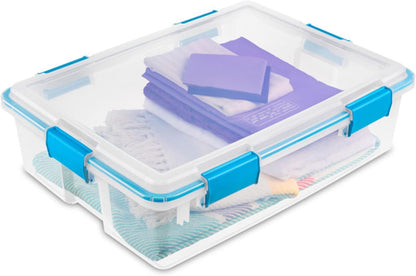 80 Qt Gasket Box, Stackable Storage Bin with Latching Lid and Tight Seal, Plastic Container to Organize Basement, Clear Base and Lid