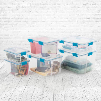 80 Qt Gasket Box, Stackable Storage Bin with Latching Lid and Tight Seal, Plastic Container to Organize Basement, Clear Base and Lid