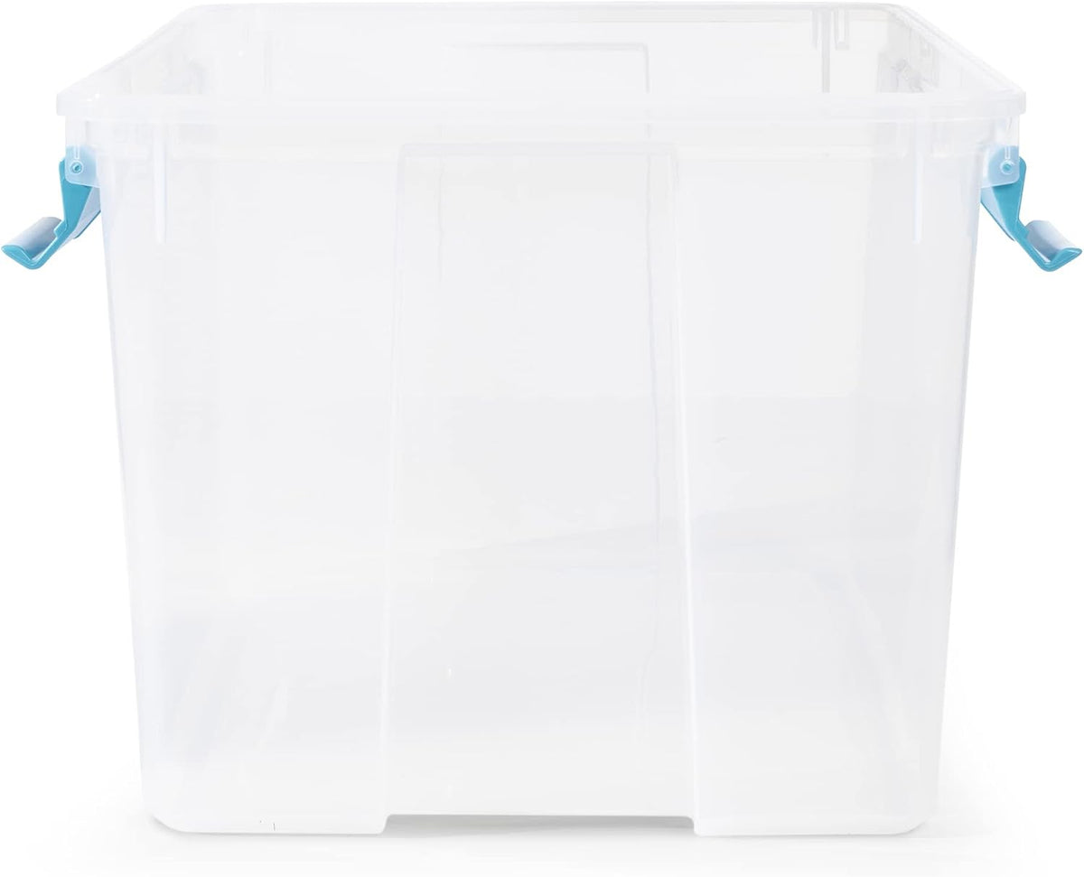 80 Qt Gasket Box, Stackable Storage Bin with Latching Lid and Tight Seal, Plastic Container to Organize Basement, Clear Base and Lid