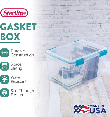 80 Qt Gasket Box, Stackable Storage Bin with Latching Lid and Tight Seal, Plastic Container to Organize Basement, Clear Base and Lid