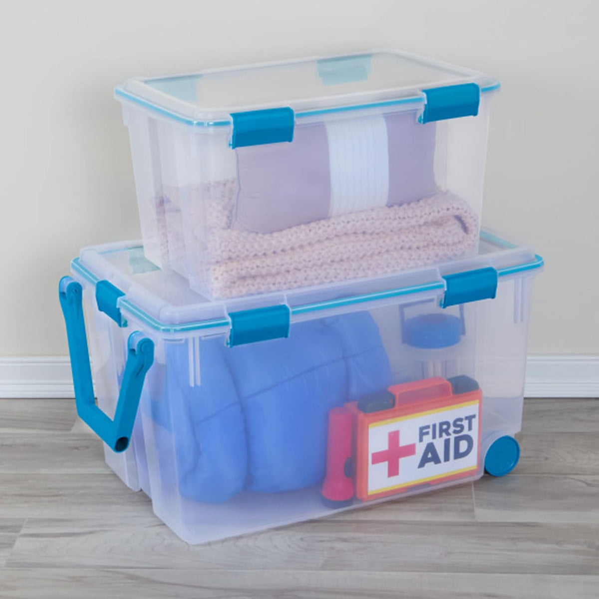 80 Qt Gasket Box, Stackable Storage Bin with Latching Lid and Tight Seal, Plastic Container to Organize Basement, Clear Base and Lid