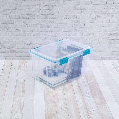 80 Qt Gasket Box, Stackable Storage Bin with Latching Lid and Tight Seal, Plastic Container to Organize Basement, Clear Base and Lid