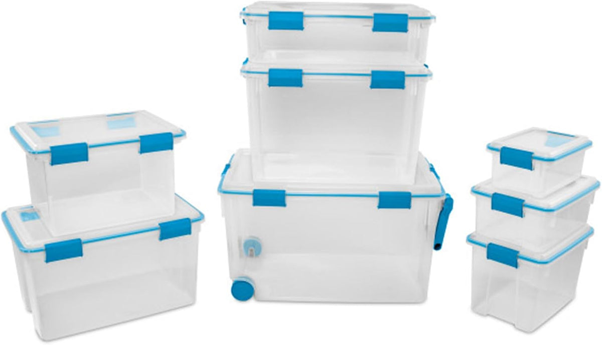80 Qt Gasket Box, Stackable Storage Bin with Latching Lid and Tight Seal, Plastic Container to Organize Basement, Clear Base and Lid
