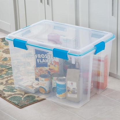 80 Qt Gasket Box, Stackable Storage Bin with Latching Lid and Tight Seal, Plastic Container to Organize Basement, Clear Base and Lid