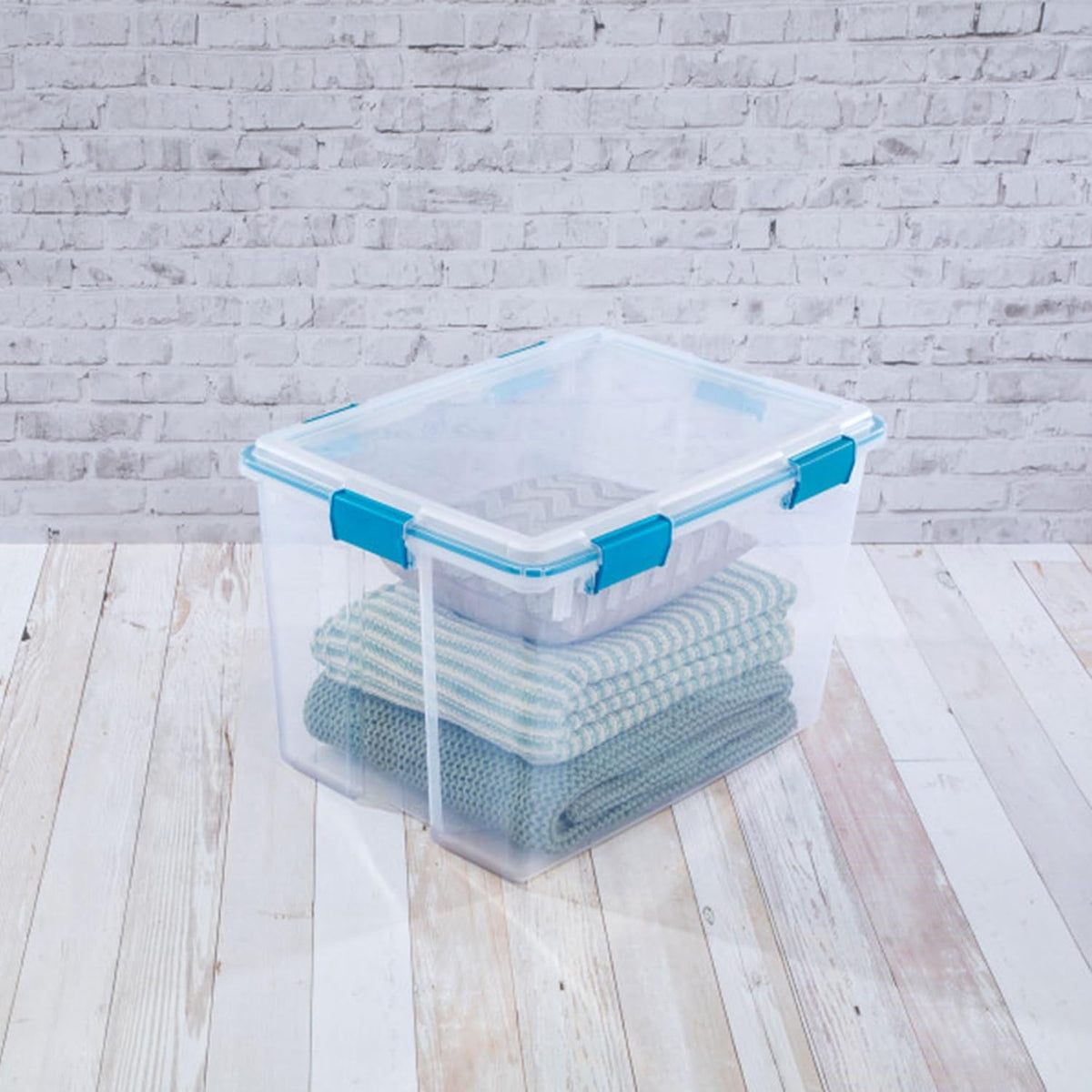 80 Qt Gasket Box, Stackable Storage Bin with Latching Lid and Tight Seal, Plastic Container to Organize Basement, Clear Base and Lid