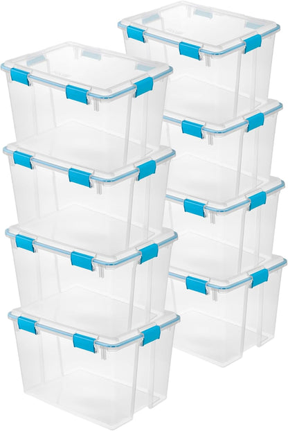 80 Qt Gasket Box, Stackable Storage Bin with Latching Lid and Tight Seal, Plastic Container to Organize Basement, Clear Base and Lid