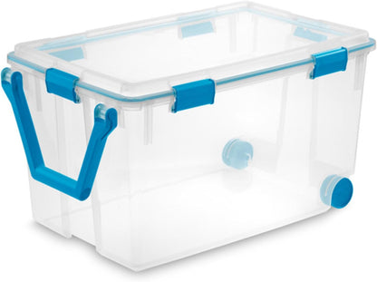 80 Qt Gasket Box, Stackable Storage Bin with Latching Lid and Tight Seal, Plastic Container to Organize Basement, Clear Base and Lid