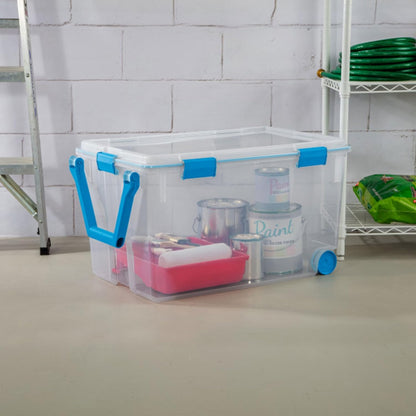 80 Qt Gasket Box, Stackable Storage Bin with Latching Lid and Tight Seal, Plastic Container to Organize Basement, Clear Base and Lid