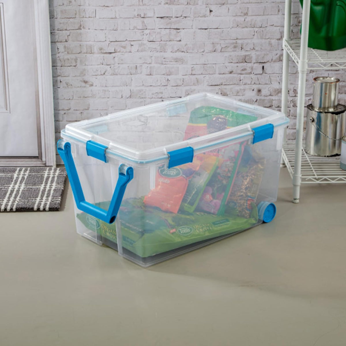 80 Qt Gasket Box, Stackable Storage Bin with Latching Lid and Tight Seal, Plastic Container to Organize Basement, Clear Base and Lid